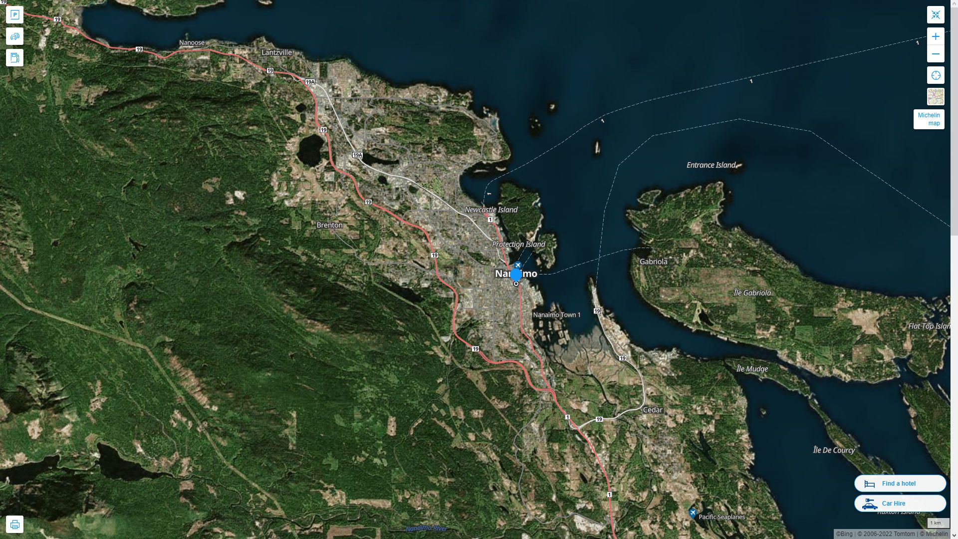 Nanaimo Canada Autoroute et carte routiere avec vue satellite